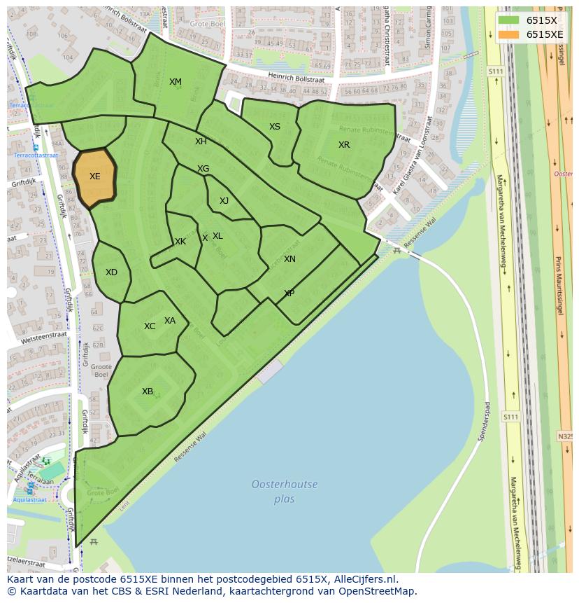 Afbeelding van het postcodegebied 6515 XE op de kaart.