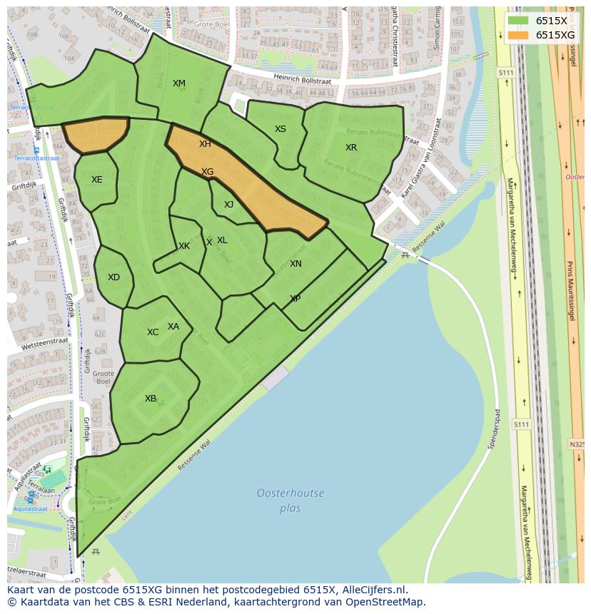 Afbeelding van het postcodegebied 6515 XG op de kaart.