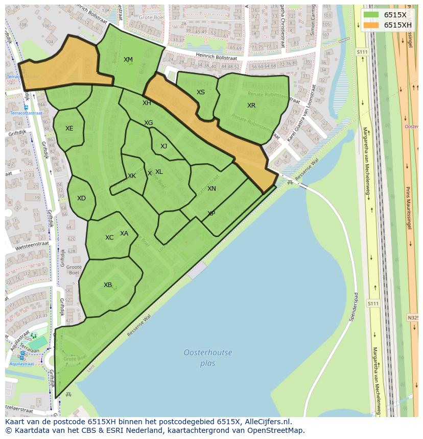 Afbeelding van het postcodegebied 6515 XH op de kaart.