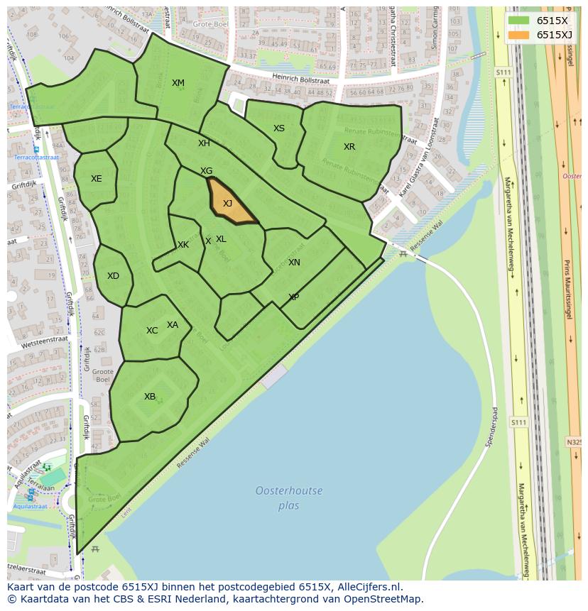 Afbeelding van het postcodegebied 6515 XJ op de kaart.