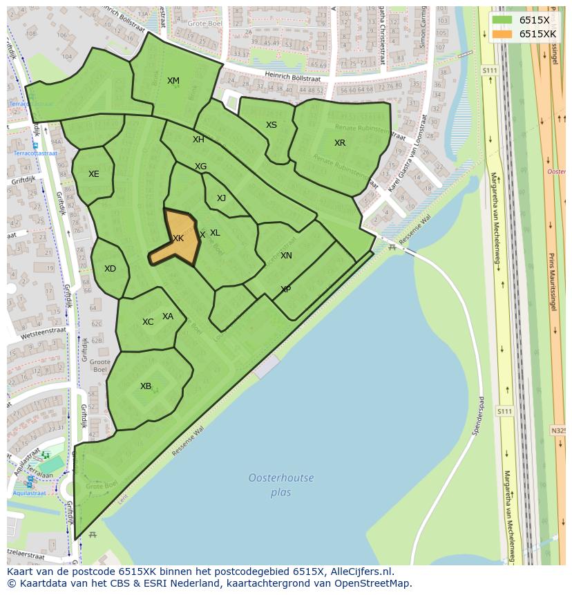 Afbeelding van het postcodegebied 6515 XK op de kaart.