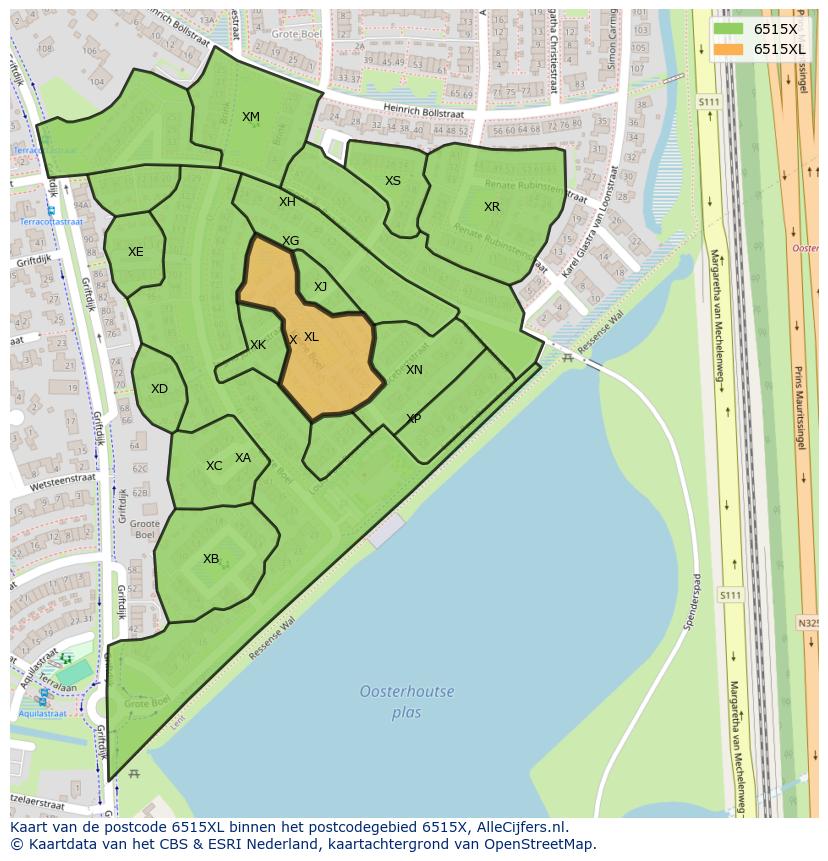 Afbeelding van het postcodegebied 6515 XL op de kaart.