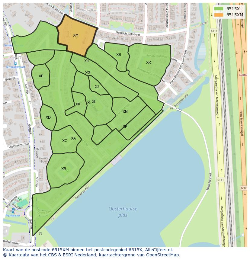 Afbeelding van het postcodegebied 6515 XM op de kaart.