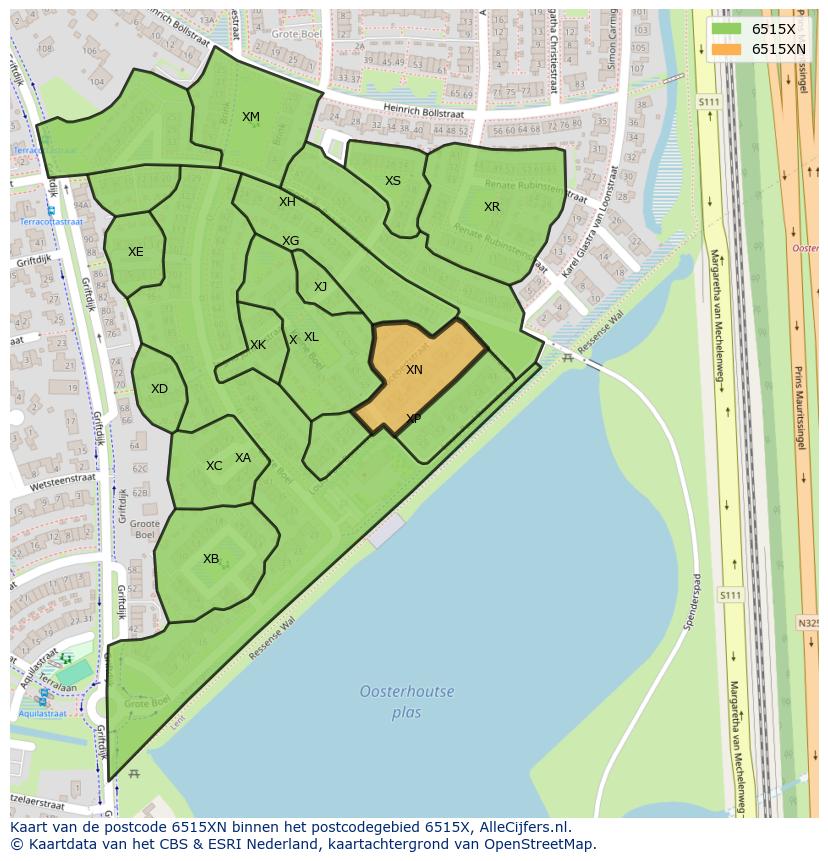 Afbeelding van het postcodegebied 6515 XN op de kaart.