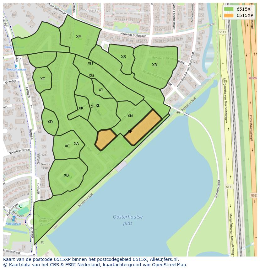 Afbeelding van het postcodegebied 6515 XP op de kaart.