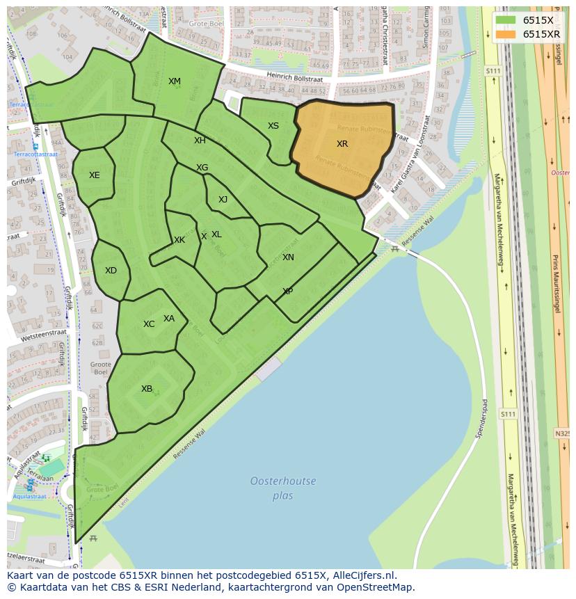 Afbeelding van het postcodegebied 6515 XR op de kaart.