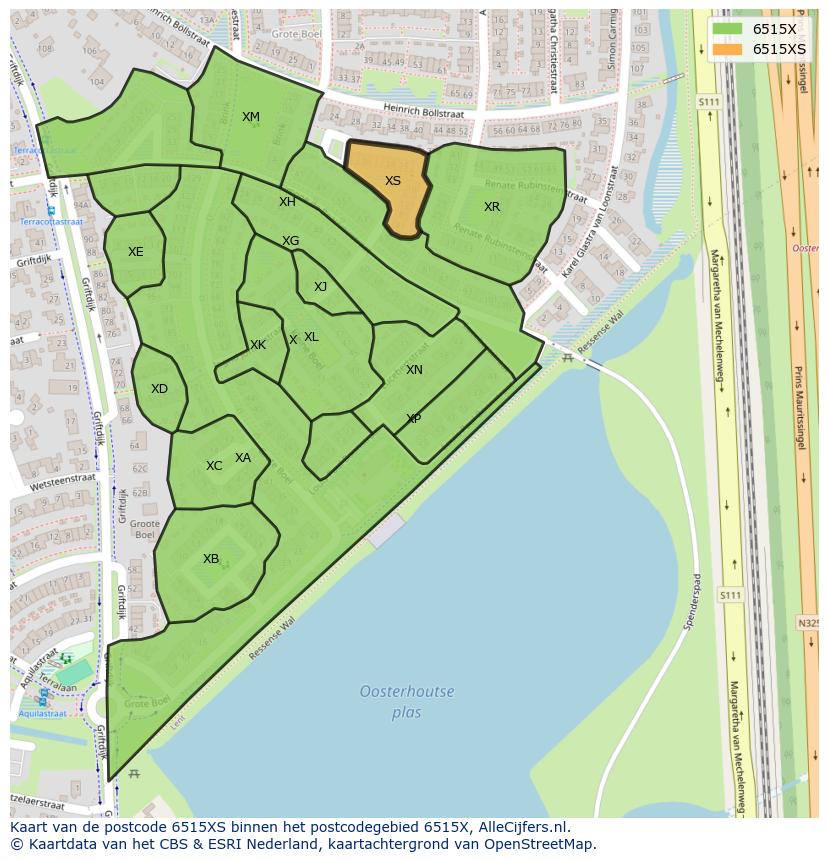 Afbeelding van het postcodegebied 6515 XS op de kaart.