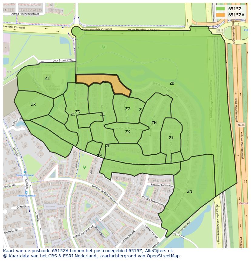 Afbeelding van het postcodegebied 6515 ZA op de kaart.