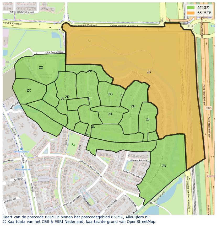 Afbeelding van het postcodegebied 6515 ZB op de kaart.