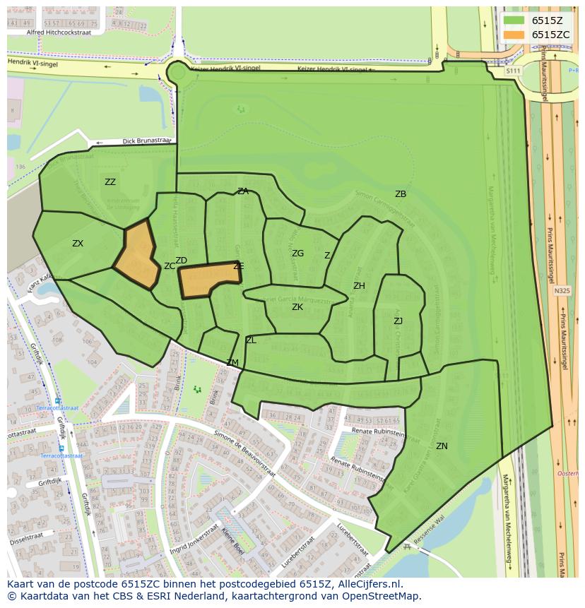Afbeelding van het postcodegebied 6515 ZC op de kaart.