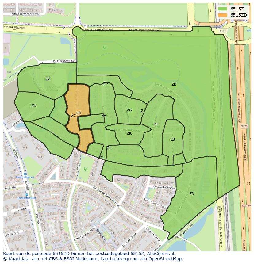 Afbeelding van het postcodegebied 6515 ZD op de kaart.