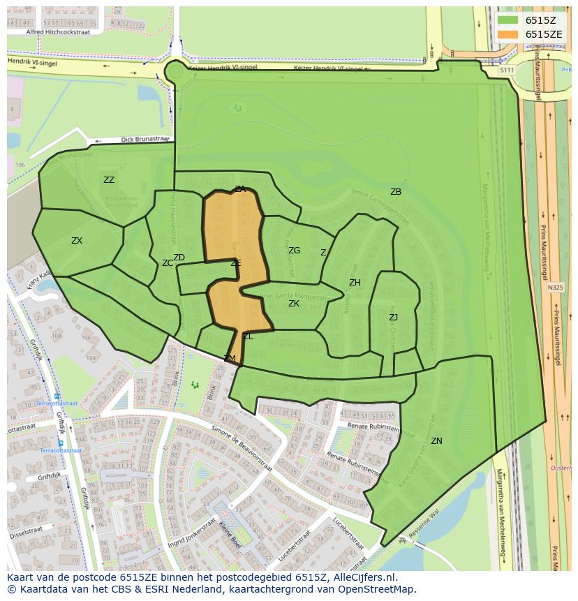 Afbeelding van het postcodegebied 6515 ZE op de kaart.