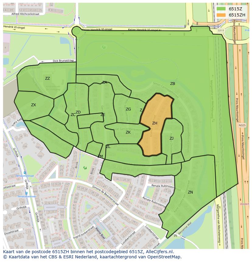 Afbeelding van het postcodegebied 6515 ZH op de kaart.