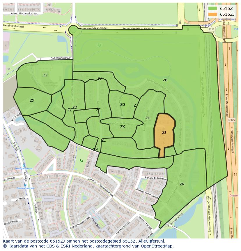 Afbeelding van het postcodegebied 6515 ZJ op de kaart.