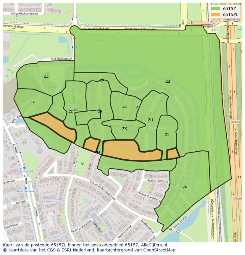 Afbeelding van het postcodegebied 6515 ZL op de kaart.