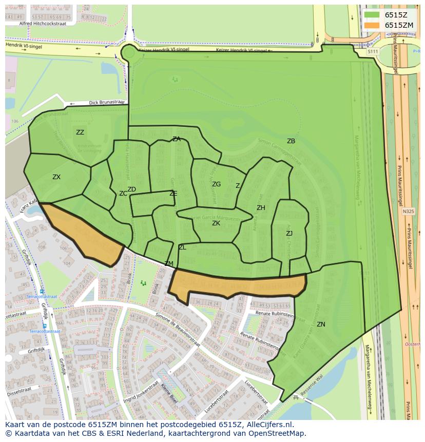 Afbeelding van het postcodegebied 6515 ZM op de kaart.