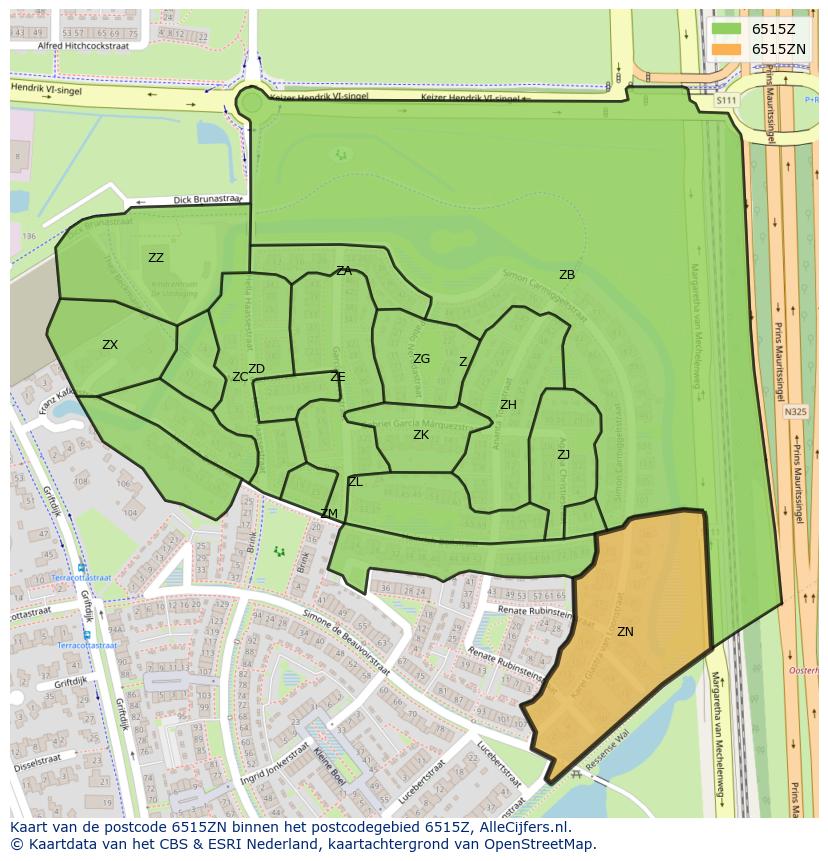 Afbeelding van het postcodegebied 6515 ZN op de kaart.