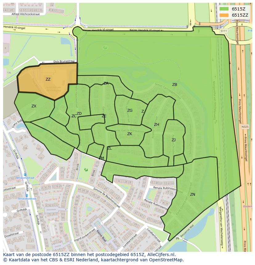 Afbeelding van het postcodegebied 6515 ZZ op de kaart.