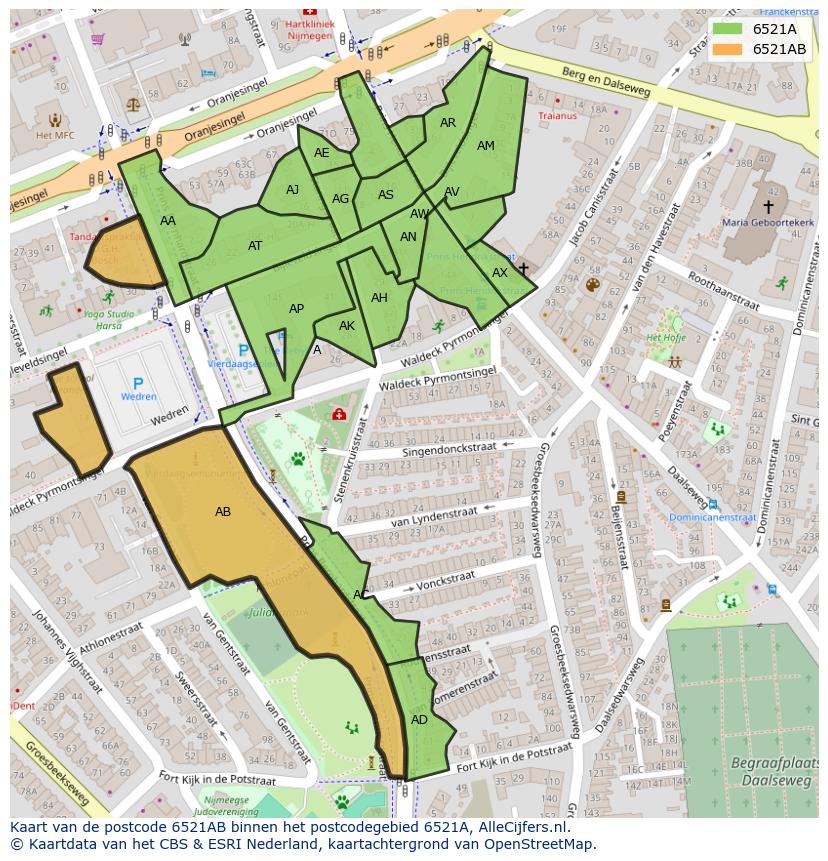 Afbeelding van het postcodegebied 6521 AB op de kaart.