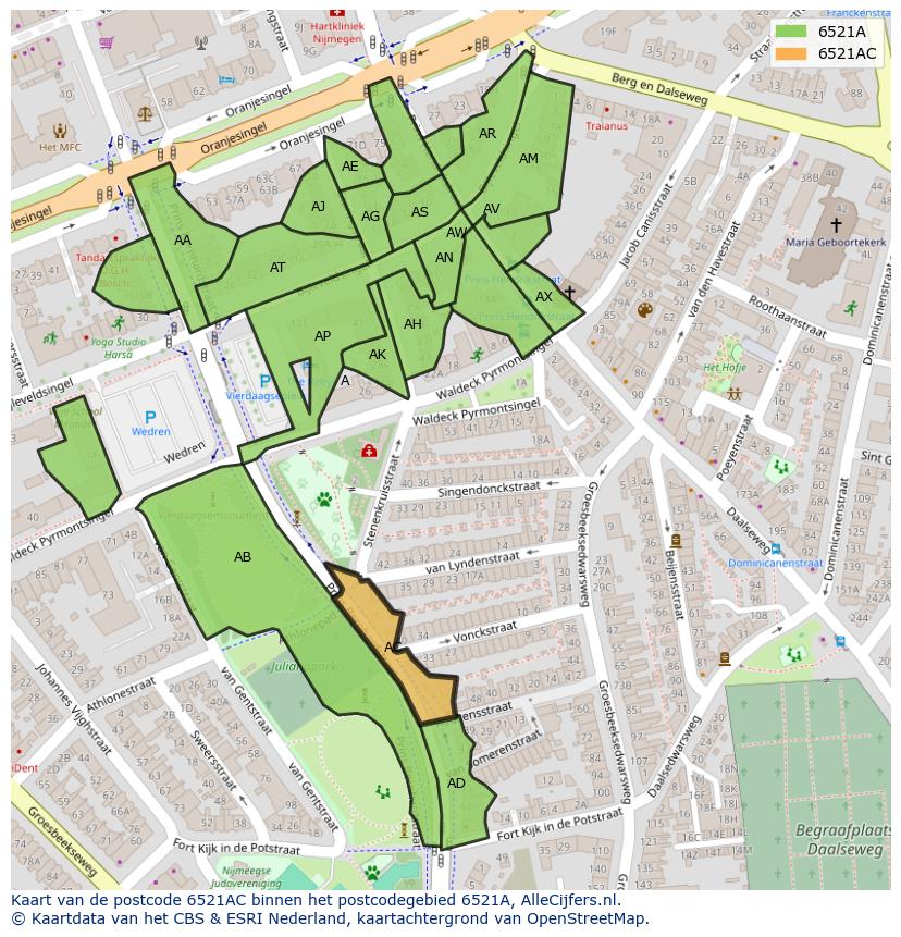 Afbeelding van het postcodegebied 6521 AC op de kaart.