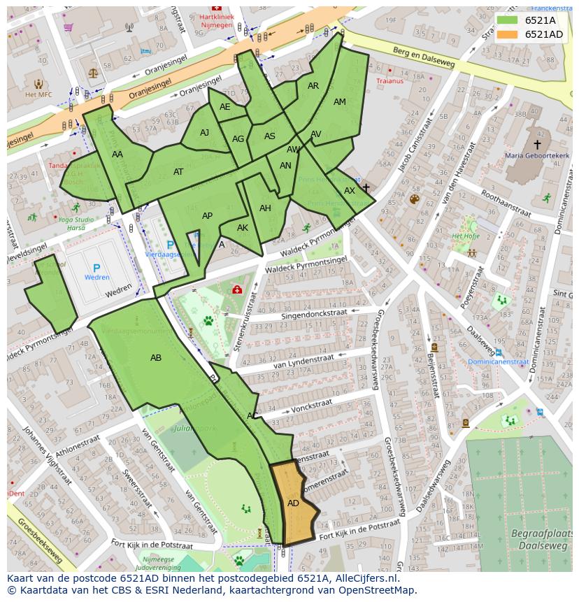 Afbeelding van het postcodegebied 6521 AD op de kaart.
