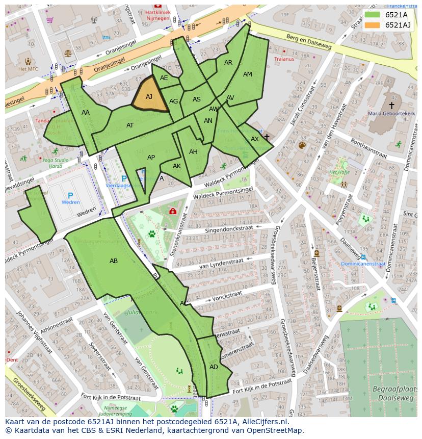 Afbeelding van het postcodegebied 6521 AJ op de kaart.