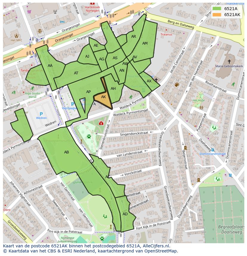Afbeelding van het postcodegebied 6521 AK op de kaart.
