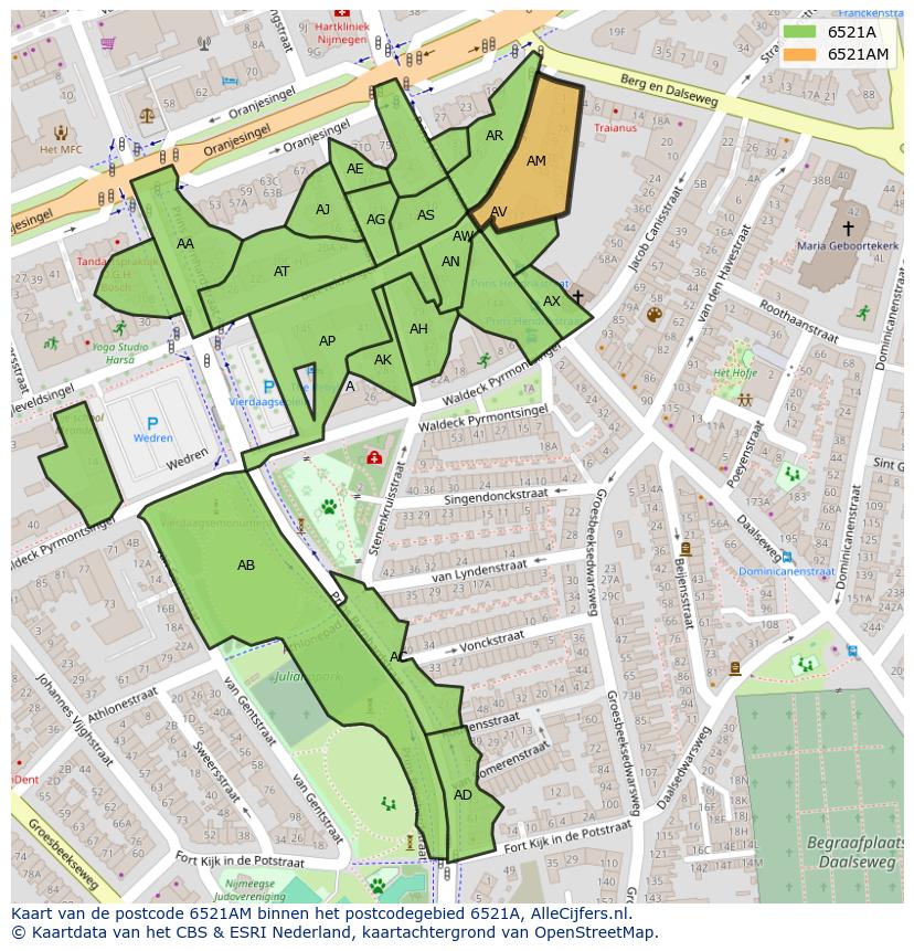 Afbeelding van het postcodegebied 6521 AM op de kaart.