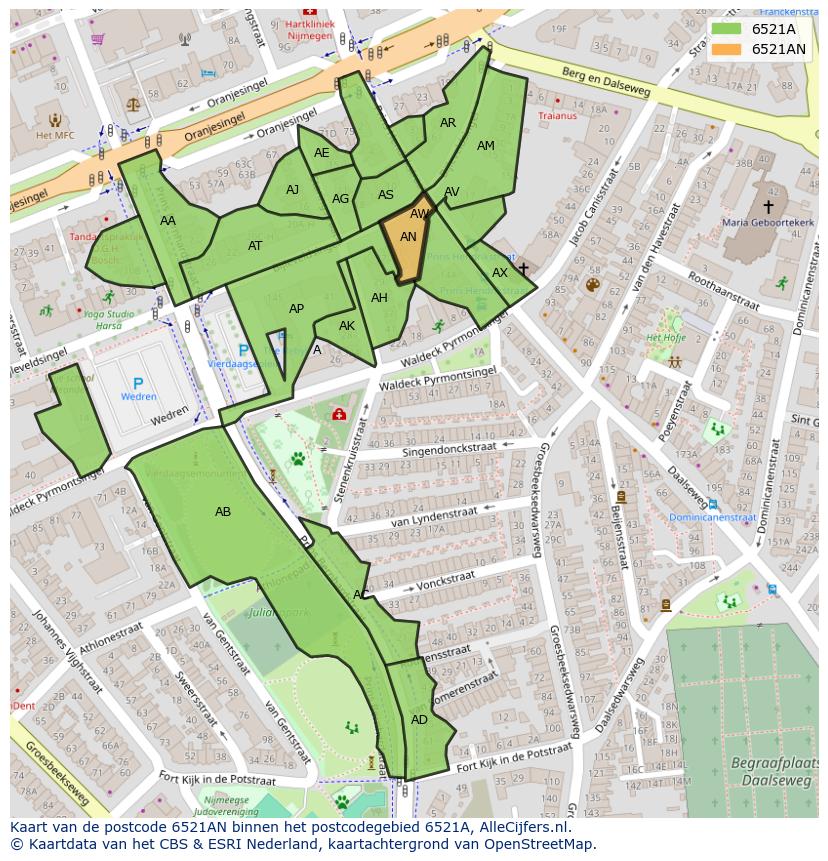 Afbeelding van het postcodegebied 6521 AN op de kaart.