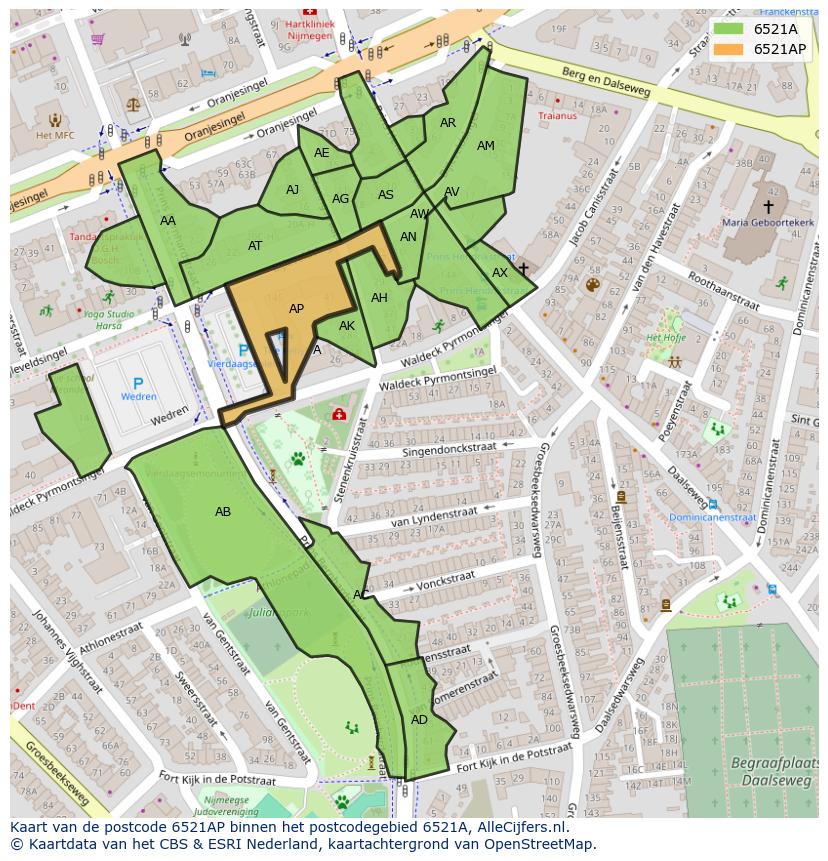 Afbeelding van het postcodegebied 6521 AP op de kaart.