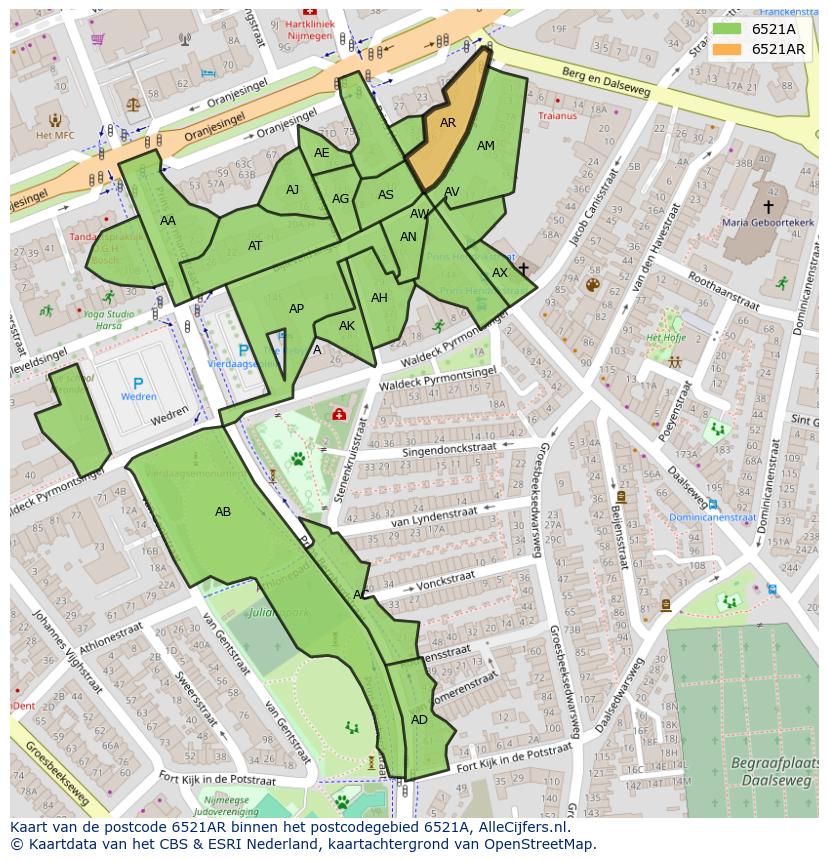 Afbeelding van het postcodegebied 6521 AR op de kaart.