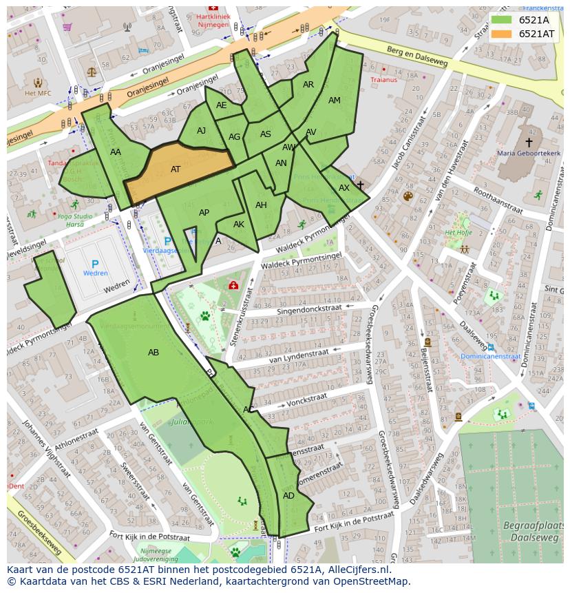 Afbeelding van het postcodegebied 6521 AT op de kaart.