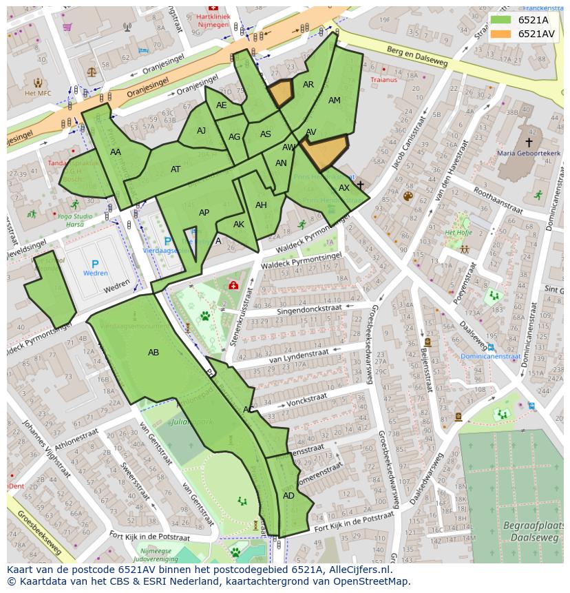 Afbeelding van het postcodegebied 6521 AV op de kaart.
