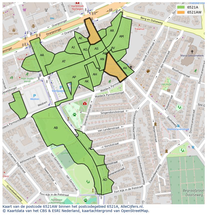 Afbeelding van het postcodegebied 6521 AW op de kaart.