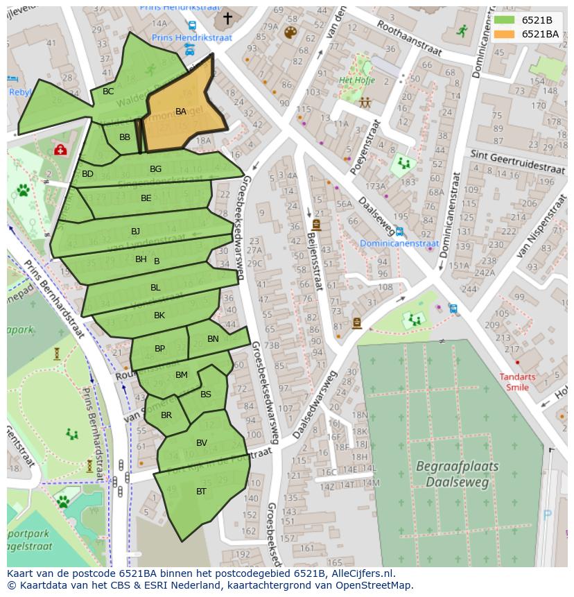 Afbeelding van het postcodegebied 6521 BA op de kaart.