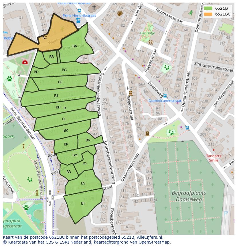 Afbeelding van het postcodegebied 6521 BC op de kaart.