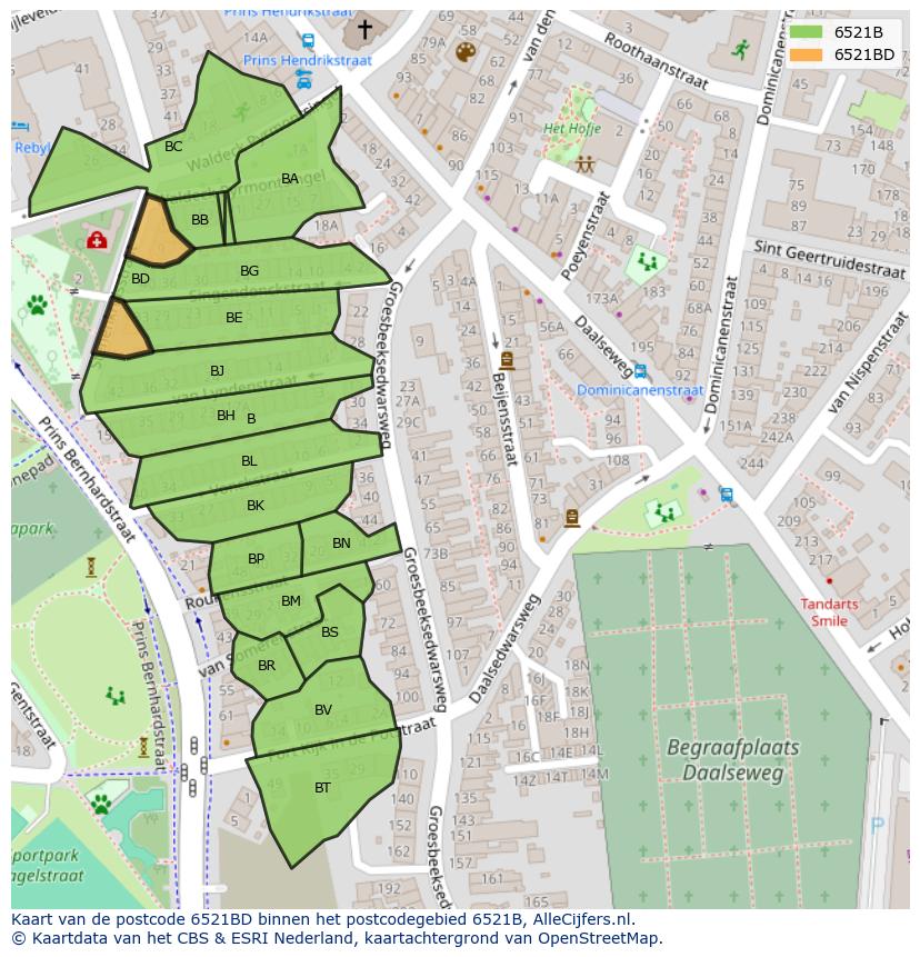 Afbeelding van het postcodegebied 6521 BD op de kaart.
