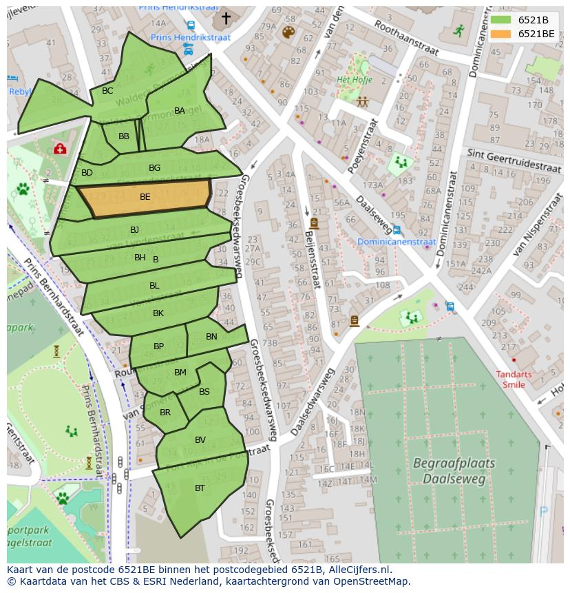 Afbeelding van het postcodegebied 6521 BE op de kaart.