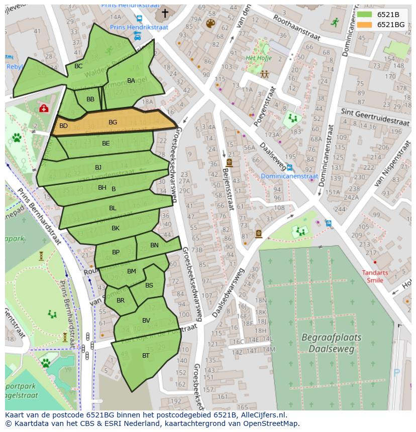 Afbeelding van het postcodegebied 6521 BG op de kaart.
