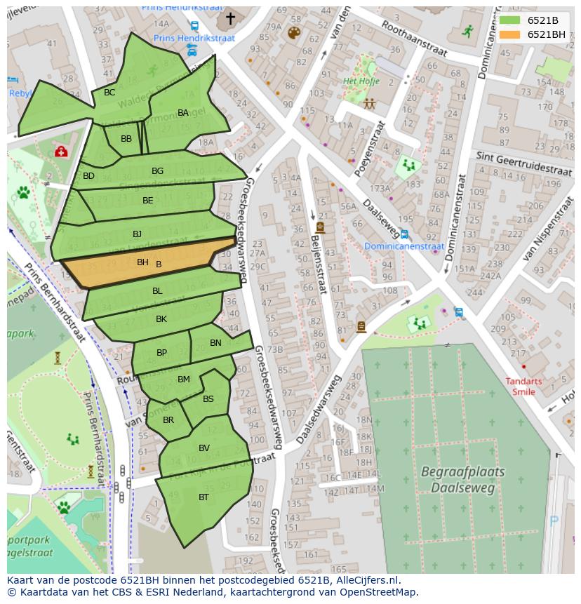 Afbeelding van het postcodegebied 6521 BH op de kaart.