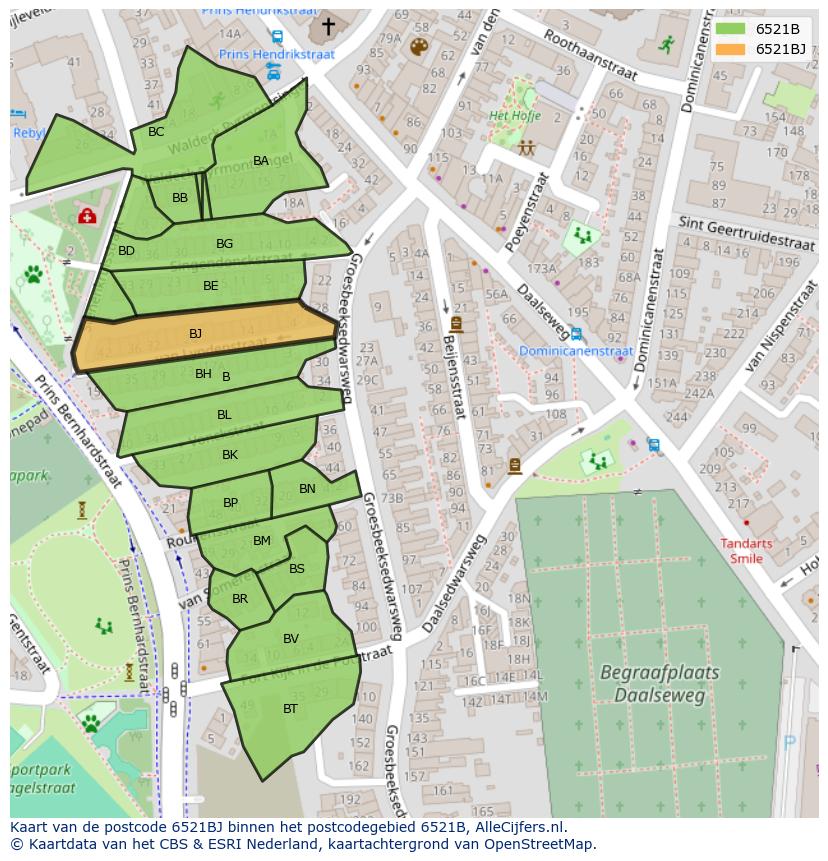 Afbeelding van het postcodegebied 6521 BJ op de kaart.