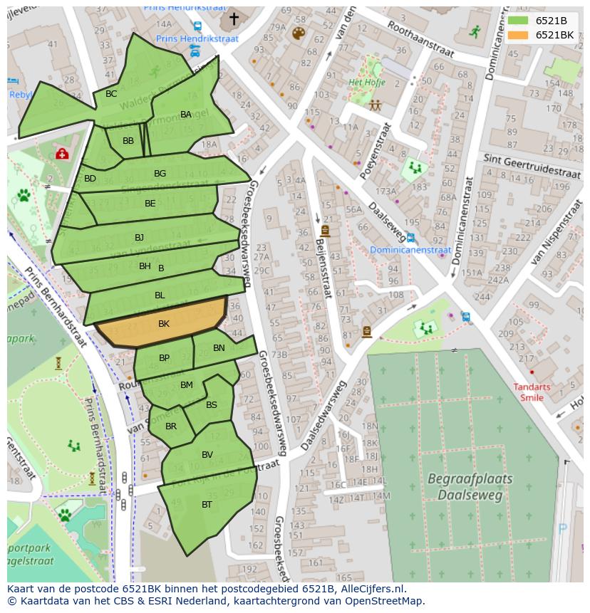 Afbeelding van het postcodegebied 6521 BK op de kaart.