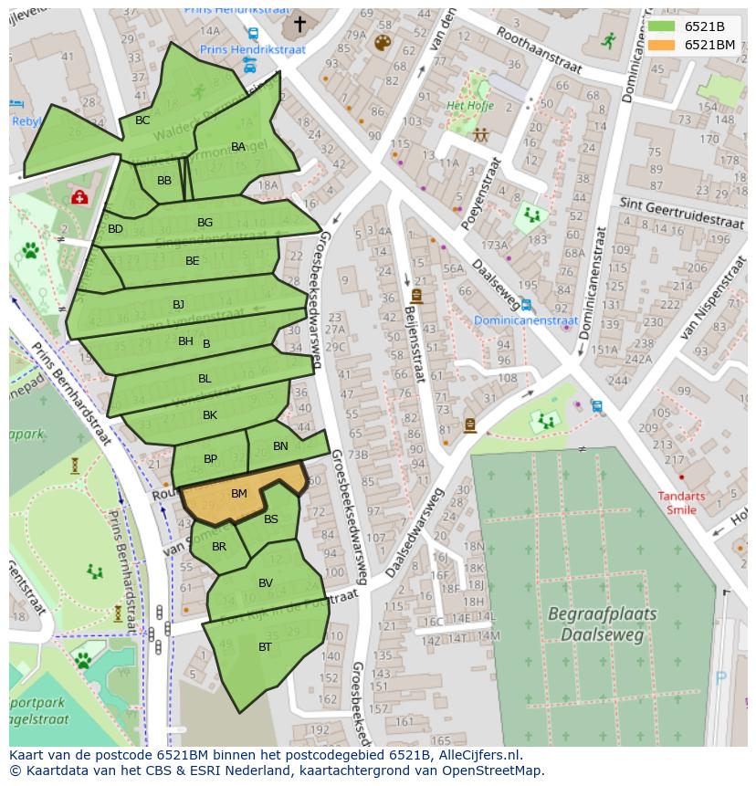 Afbeelding van het postcodegebied 6521 BM op de kaart.