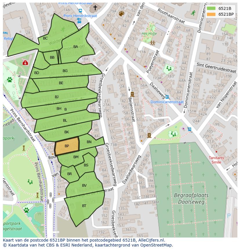 Afbeelding van het postcodegebied 6521 BP op de kaart.