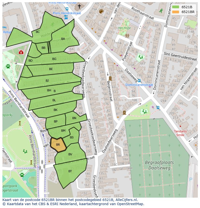Afbeelding van het postcodegebied 6521 BR op de kaart.