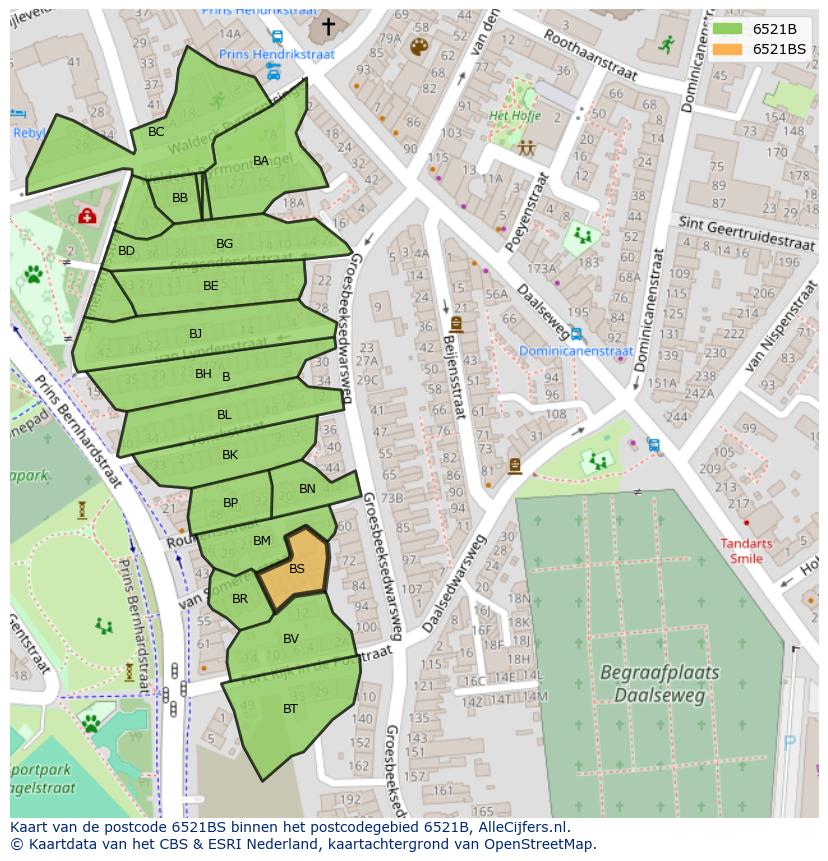 Afbeelding van het postcodegebied 6521 BS op de kaart.