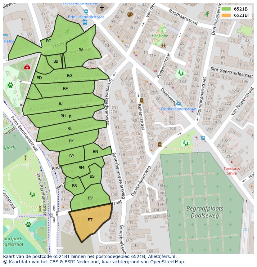 Afbeelding van het postcodegebied 6521 BT op de kaart.