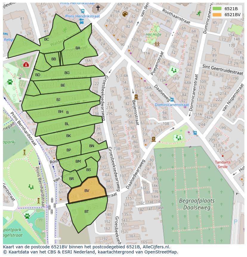 Afbeelding van het postcodegebied 6521 BV op de kaart.