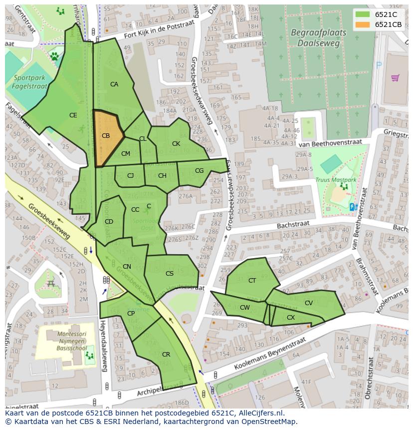 Afbeelding van het postcodegebied 6521 CB op de kaart.