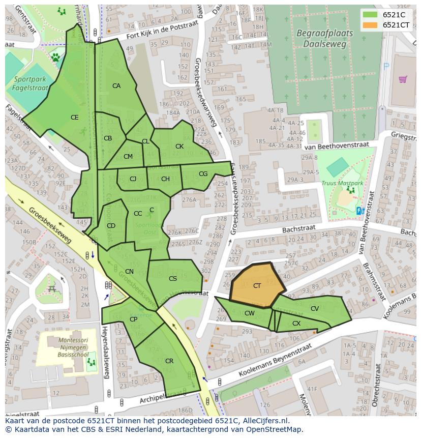 Afbeelding van het postcodegebied 6521 CT op de kaart.